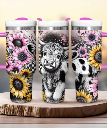 Happy Sunflower Highland Cow Custom Stanley Quencher 40Oz Stainless Steel Tumbler With Handle