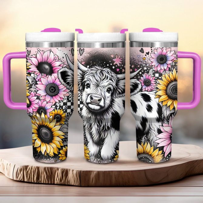 Happy Sunflower Highland Cow Custom Stanley Quencher 40Oz Stainless Steel Tumbler With Handle