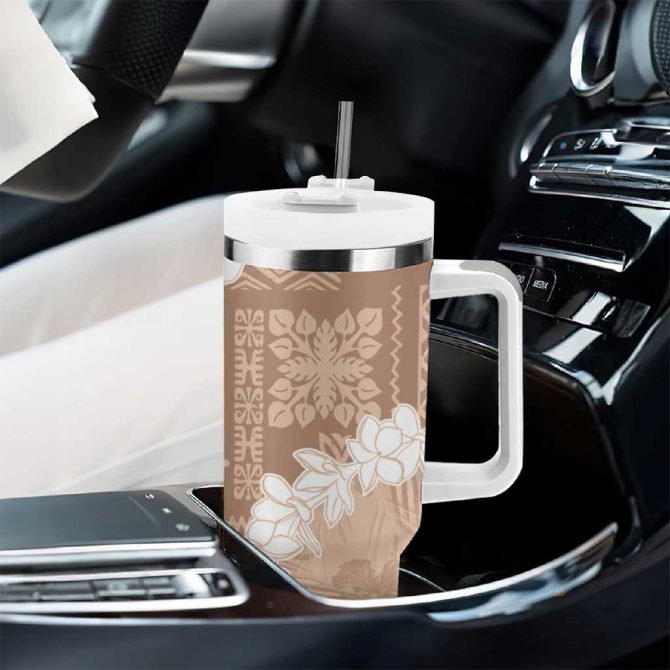 Hawaii Aloha Beige Quilt Patch Work Mix Plumeria Lei Custom Stanley Quencher 40Oz Stainless Steel Tumbler With Handle - Image 8