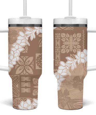 Hawaii Aloha Beige Quilt Patch Work Mix Plumeria Lei Custom Stanley Quencher 40Oz Stainless Steel Tumbler With Handle