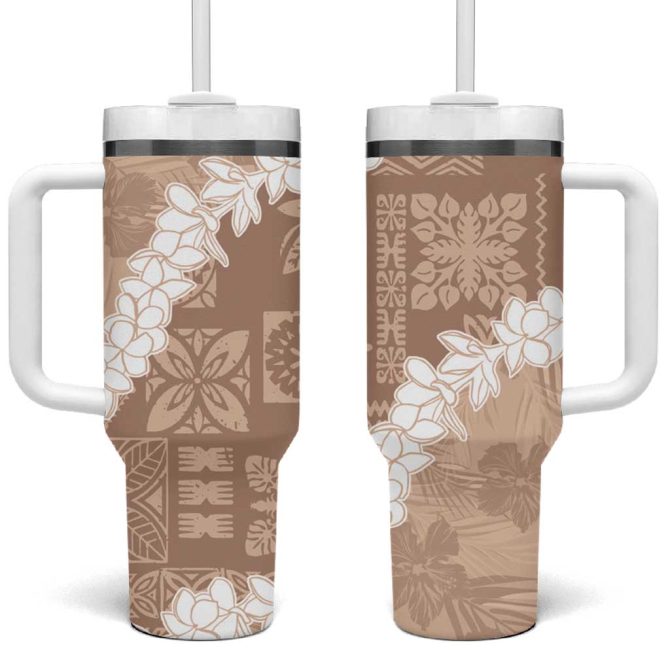 Hawaii Aloha Beige Quilt Patch Work Mix Plumeria Lei Custom Stanley Quencher 40Oz Stainless Steel Tumbler With Handle