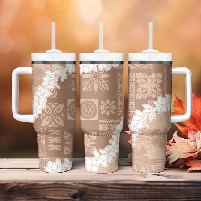 Hawaii Aloha Beige Quilt Patch Work Mix Plumeria Lei Custom Stanley Quencher 40Oz Stainless Steel Tumbler With Handle - Image 4