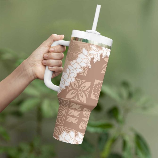 Hawaii Aloha Beige Quilt Patch Work Mix Plumeria Lei Custom Stanley Quencher 40Oz Stainless Steel Tumbler With Handle - Image 3