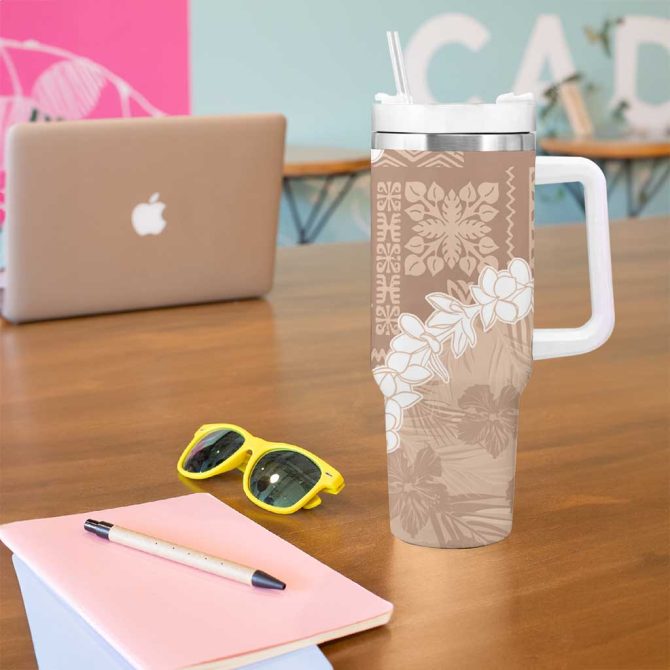 Hawaii Aloha Beige Quilt Patch Work Mix Plumeria Lei Custom Stanley Quencher 40Oz Stainless Steel Tumbler With Handle - Image 5