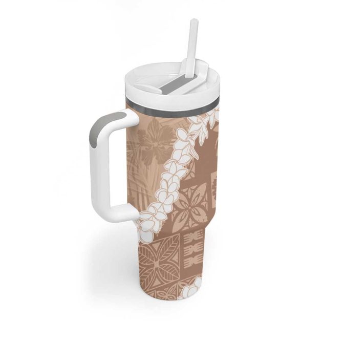 Hawaii Aloha Beige Quilt Patch Work Mix Plumeria Lei Custom Stanley Quencher 40Oz Stainless Steel Tumbler With Handle - Image 2