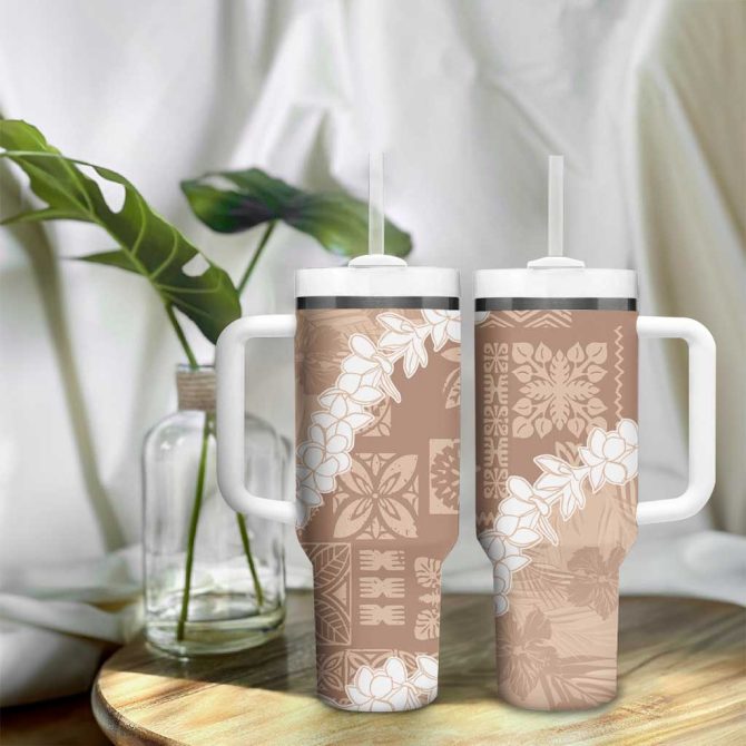 Hawaii Aloha Beige Quilt Patch Work Mix Plumeria Lei Custom Stanley Quencher 40Oz Stainless Steel Tumbler With Handle - Image 9