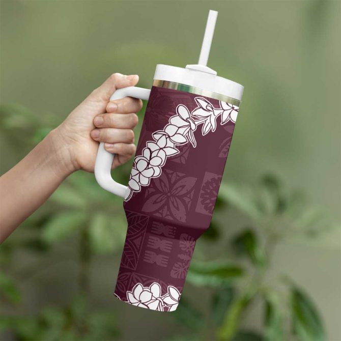 Hawaii Aloha Champange Quilt Patch Work Mix Plumeria Lei Custom Stanley Quencher 40Oz Stainless Steel Tumbler With Handle - Image 3