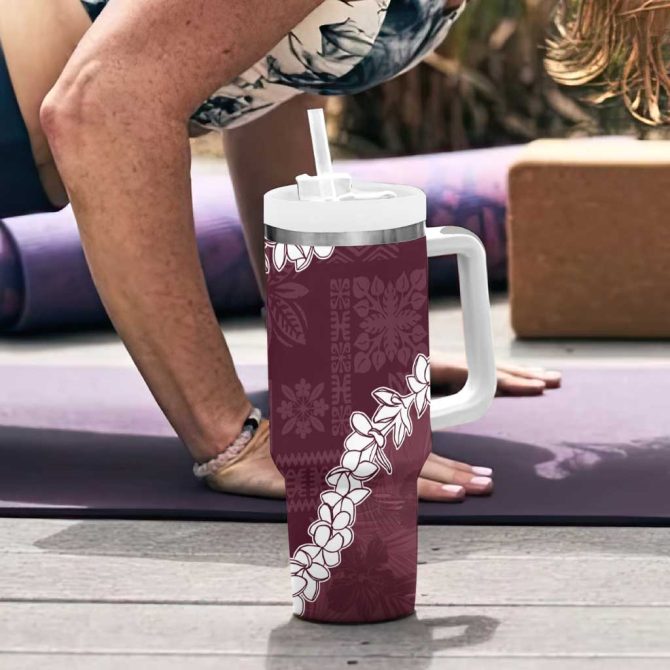 Hawaii Aloha Champange Quilt Patch Work Mix Plumeria Lei Custom Stanley Quencher 40Oz Stainless Steel Tumbler With Handle - Image 6
