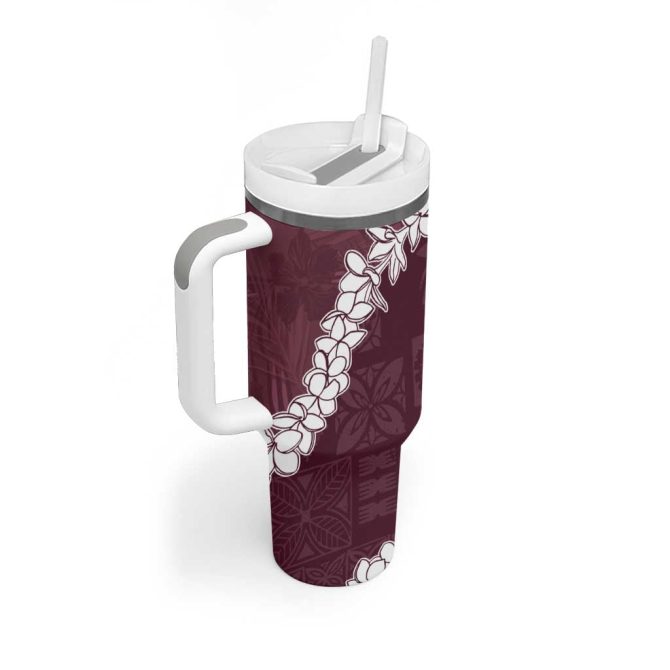 Hawaii Aloha Champange Quilt Patch Work Mix Plumeria Lei Custom Stanley Quencher 40Oz Stainless Steel Tumbler With Handle - Image 2