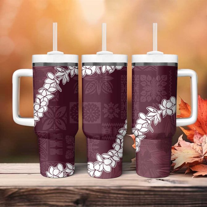 Hawaii Aloha Champange Quilt Patch Work Mix Plumeria Lei Custom Stanley Quencher 40Oz Stainless Steel Tumbler With Handle - Image 4