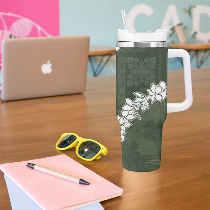 Hawaii Aloha Sage Quilt Patch Work Mix Plumeria Lei Custom Stanley Quencher 40Oz Stainless Steel Tumbler With Handle - Image 5