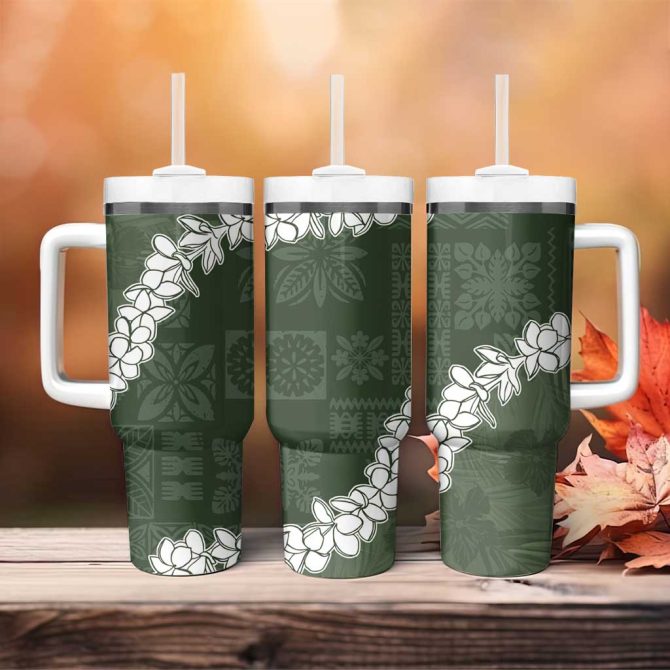 Hawaii Aloha Sage Quilt Patch Work Mix Plumeria Lei Custom Stanley Quencher 40Oz Stainless Steel Tumbler With Handle - Image 4
