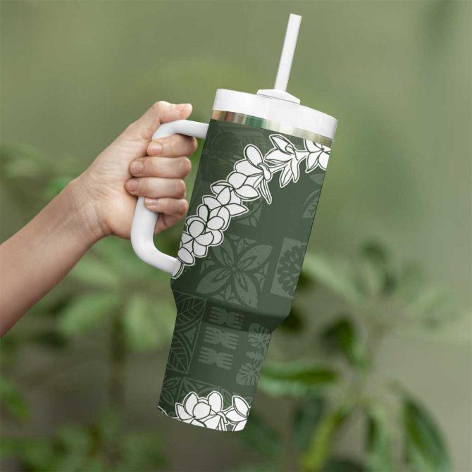 Hawaii Aloha Sage Quilt Patch Work Mix Plumeria Lei Custom Stanley Quencher 40Oz Stainless Steel Tumbler With Handle - Image 3