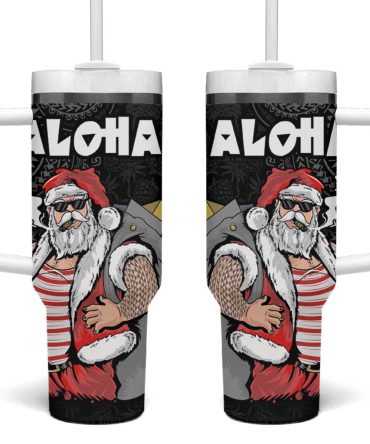 Hawaii Aloha Santa Claus Funny Polynesian Tattoo Black Color Custom Stanley Quencher 40Oz Stainless Steel Tumbler With Handle