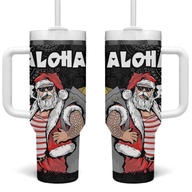 Hawaii Aloha Santa Claus Funny Polynesian Tattoo Black Color Custom Stanley Quencher 40Oz Stainless Steel Tumbler With Handle
