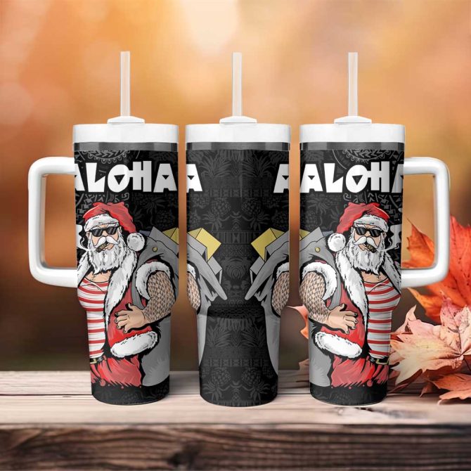 Hawaii Aloha Santa Claus Funny Polynesian Tattoo Black Color Custom Stanley Quencher 40Oz Stainless Steel Tumbler With Handle - Image 4