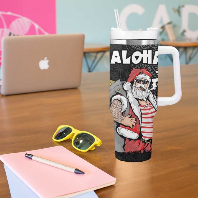 Hawaii Aloha Santa Claus Funny Polynesian Tattoo Black Color Custom Stanley Quencher 40Oz Stainless Steel Tumbler With Handle - Image 5