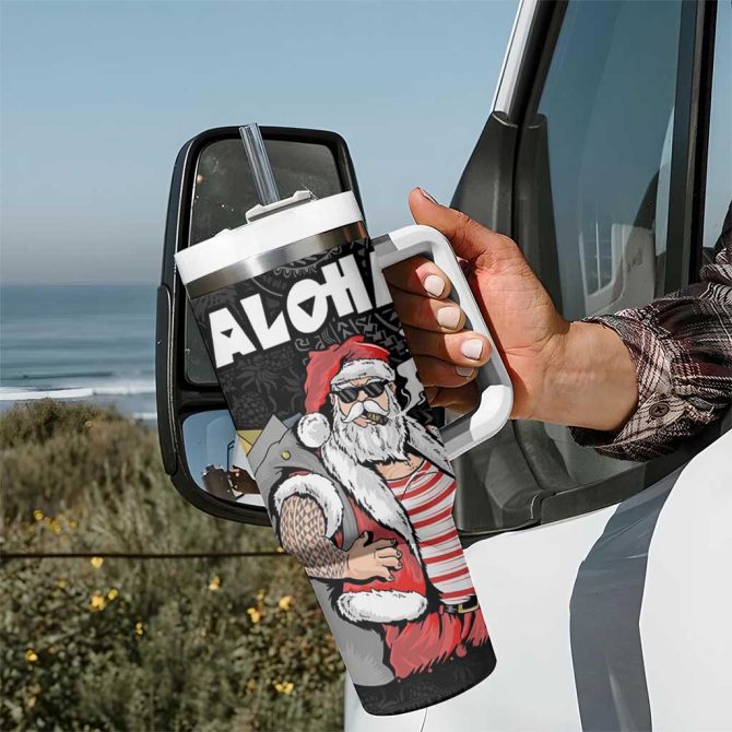 Hawaii Aloha Santa Claus Funny Polynesian Tattoo Black Color Custom Stanley Quencher 40Oz Stainless Steel Tumbler With Handle - Image 7