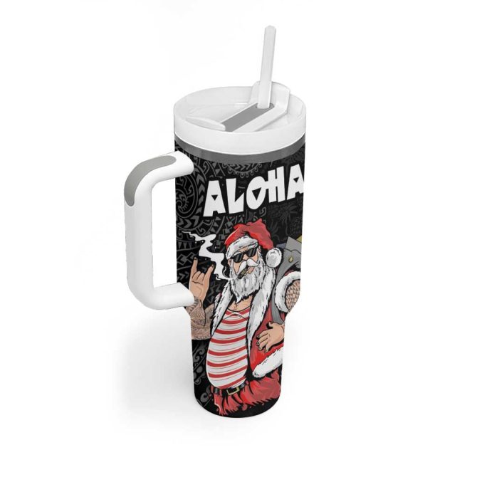 Hawaii Aloha Santa Claus Funny Polynesian Tattoo Black Color Custom Stanley Quencher 40Oz Stainless Steel Tumbler With Handle - Image 2