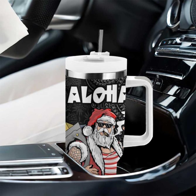 Hawaii Aloha Santa Claus Funny Polynesian Tattoo Black Color Custom Stanley Quencher 40Oz Stainless Steel Tumbler With Handle - Image 8