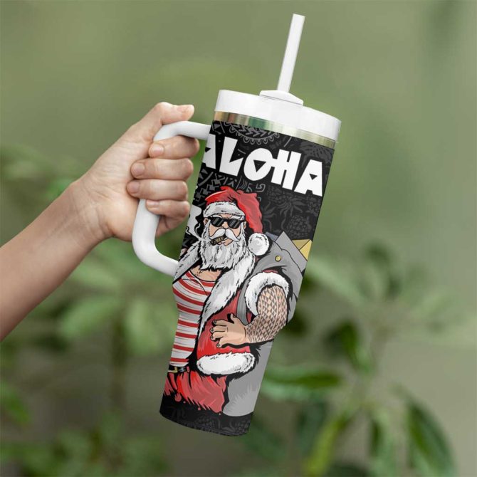 Hawaii Aloha Santa Claus Funny Polynesian Tattoo Black Color Custom Stanley Quencher 40Oz Stainless Steel Tumbler With Handle - Image 3
