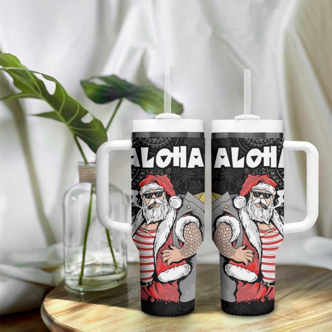 Hawaii Aloha Santa Claus Funny Polynesian Tattoo Black Color Custom Stanley Quencher 40Oz Stainless Steel Tumbler With Handle - Image 9