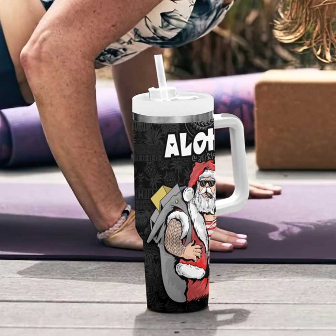 Hawaii Aloha Santa Claus Funny Polynesian Tattoo Black Color Custom Stanley Quencher 40Oz Stainless Steel Tumbler With Handle - Image 6