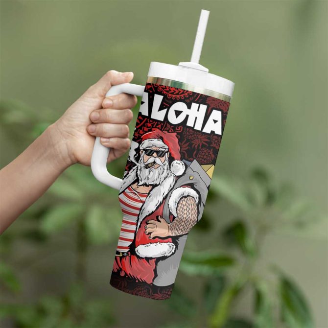 Hawaii Aloha Santa Claus Funny Polynesian Tattoo Red Color Custom Stanley Quencher 40Oz Stainless Steel Tumbler With Handle - Image 3