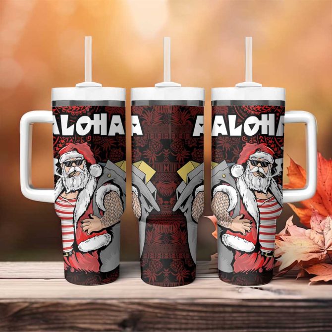 Hawaii Aloha Santa Claus Funny Polynesian Tattoo Red Color Custom Stanley Quencher 40Oz Stainless Steel Tumbler With Handle - Image 4
