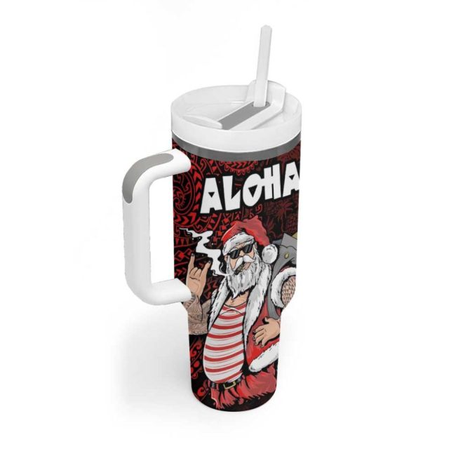 Hawaii Aloha Santa Claus Funny Polynesian Tattoo Red Color Custom Stanley Quencher 40Oz Stainless Steel Tumbler With Handle - Image 2