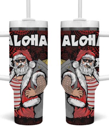 Hawaii Aloha Santa Claus Funny Polynesian Tattoo Red Color Custom Stanley Quencher 40Oz Stainless Steel Tumbler With Handle
