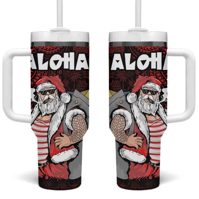 Hawaii Aloha Santa Claus Funny Polynesian Tattoo Red Color Custom Stanley Quencher 40Oz Stainless Steel Tumbler With Handle