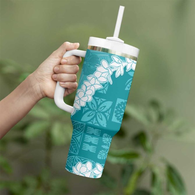 Hawaii Aloha Teal Quilt Patch Work Mix Plumeria Lei Custom Stanley Quencher 40Oz Stainless Steel Tumbler With Handle - Image 3