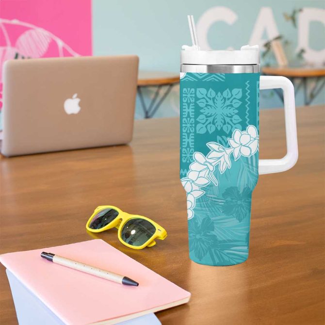 Hawaii Aloha Teal Quilt Patch Work Mix Plumeria Lei Custom Stanley Quencher 40Oz Stainless Steel Tumbler With Handle - Image 5