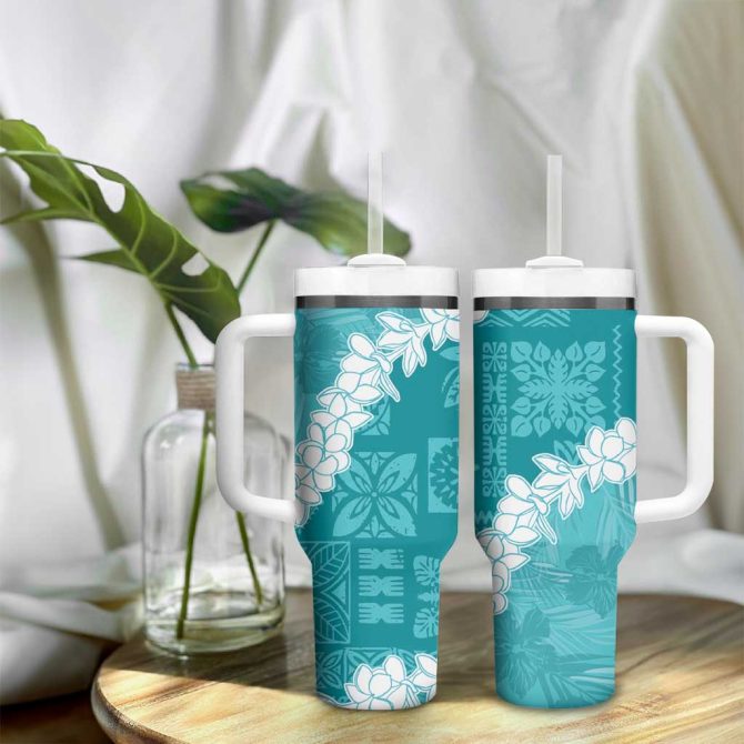 Hawaii Aloha Teal Quilt Patch Work Mix Plumeria Lei Custom Stanley Quencher 40Oz Stainless Steel Tumbler With Handle - Image 9