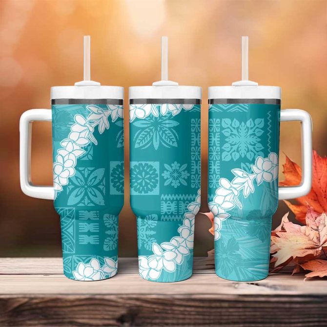 Hawaii Aloha Teal Quilt Patch Work Mix Plumeria Lei Custom Stanley Quencher 40Oz Stainless Steel Tumbler With Handle - Image 4