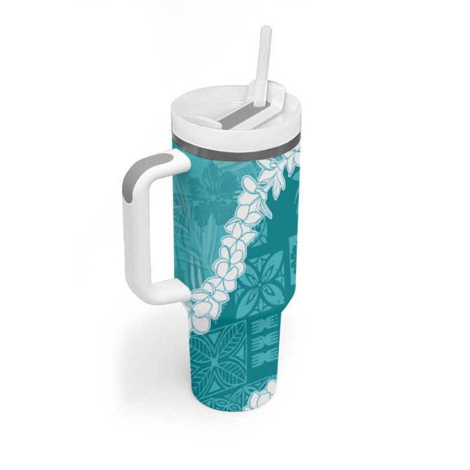 Hawaii Aloha Teal Quilt Patch Work Mix Plumeria Lei Custom Stanley Quencher 40Oz Stainless Steel Tumbler With Handle - Image 2