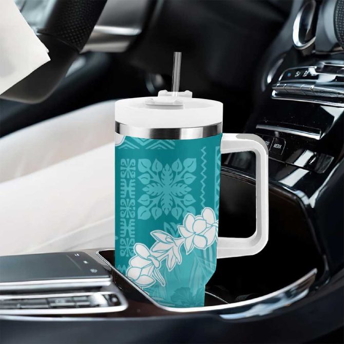Hawaii Aloha Teal Quilt Patch Work Mix Plumeria Lei Custom Stanley Quencher 40Oz Stainless Steel Tumbler With Handle - Image 8