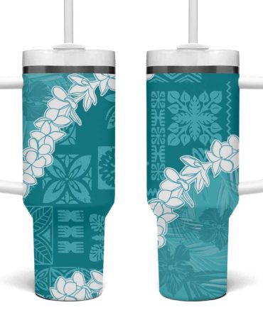 Hawaii Aloha Teal Quilt Patch Work Mix Plumeria Lei Custom Stanley Quencher 40Oz Stainless Steel Tumbler With Handle