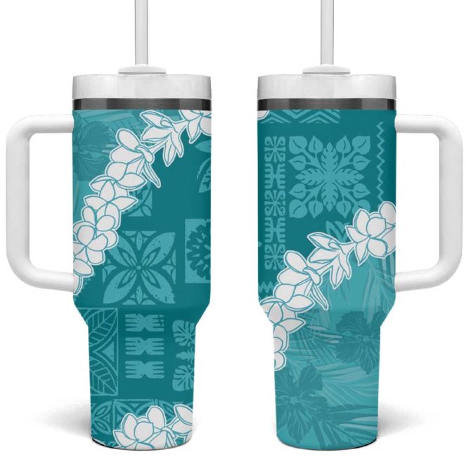 Hawaii Aloha Teal Quilt Patch Work Mix Plumeria Lei Custom Stanley Quencher 40Oz Stainless Steel Tumbler With Handle