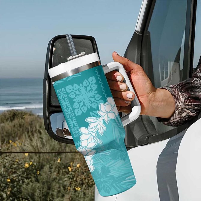 Hawaii Aloha Teal Quilt Patch Work Mix Plumeria Lei Custom Stanley Quencher 40Oz Stainless Steel Tumbler With Handle - Image 7