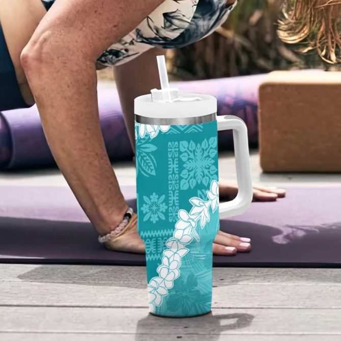 Hawaii Aloha Teal Quilt Patch Work Mix Plumeria Lei Custom Stanley Quencher 40Oz Stainless Steel Tumbler With Handle - Image 6