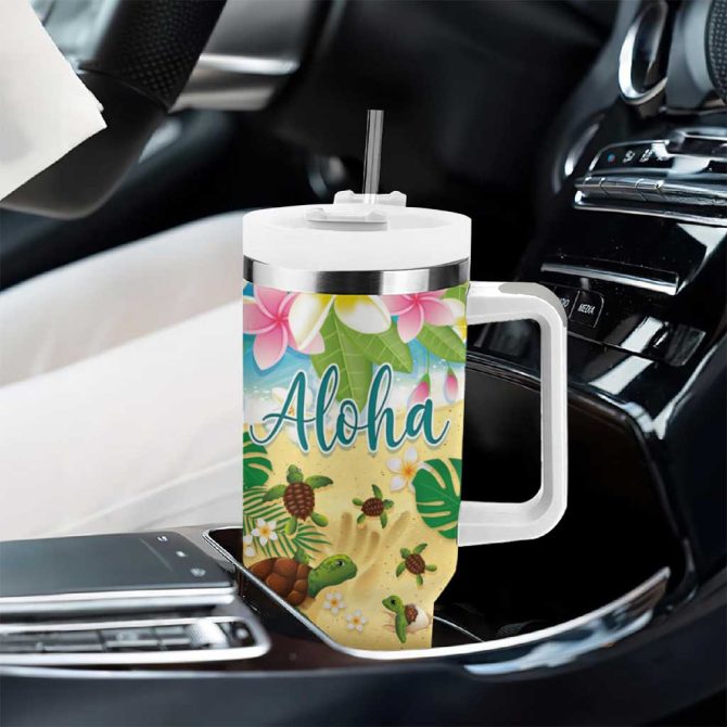 Hawaii Aloha Turtle Family On The Beach With Colorful Tropical Flowers Custom Stanley Quencher 40Oz Stainless Steel Tumbler With Handle - Image 8