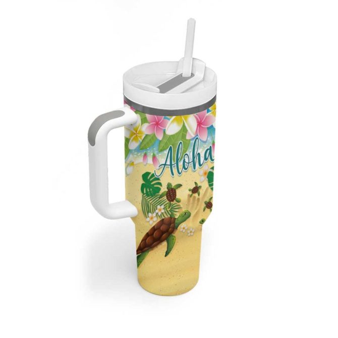 Hawaii Aloha Turtle Family On The Beach With Colorful Tropical Flowers Custom Stanley Quencher 40Oz Stainless Steel Tumbler With Handle - Image 2
