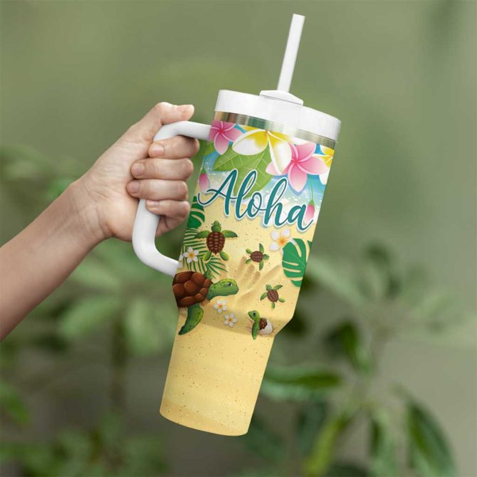 Hawaii Aloha Turtle Family On The Beach With Colorful Tropical Flowers Custom Stanley Quencher 40Oz Stainless Steel Tumbler With Handle - Image 3