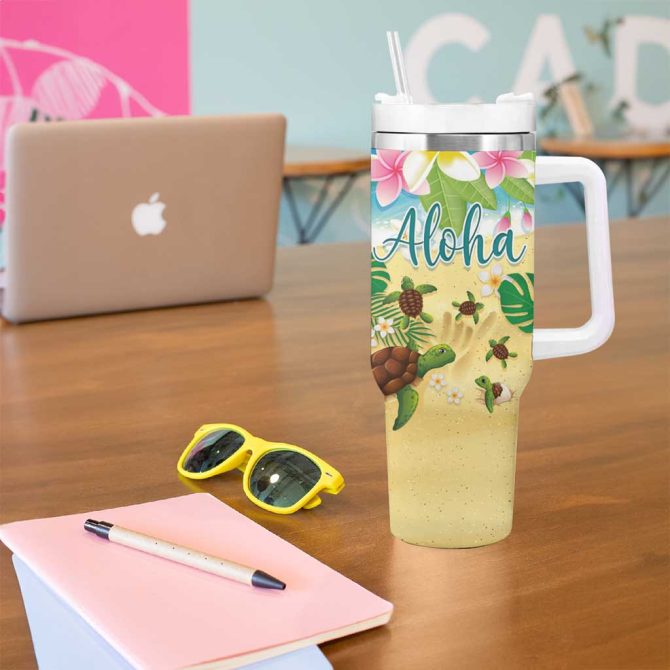 Hawaii Aloha Turtle Family On The Beach With Colorful Tropical Flowers Custom Stanley Quencher 40Oz Stainless Steel Tumbler With Handle - Image 5