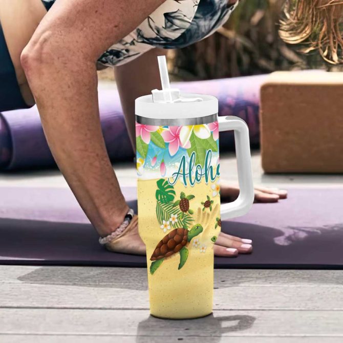 Hawaii Aloha Turtle Family On The Beach With Colorful Tropical Flowers Custom Stanley Quencher 40Oz Stainless Steel Tumbler With Handle - Image 6