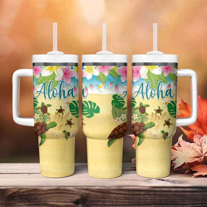 Hawaii Aloha Turtle Family On The Beach With Colorful Tropical Flowers Custom Stanley Quencher 40Oz Stainless Steel Tumbler With Handle - Image 4
