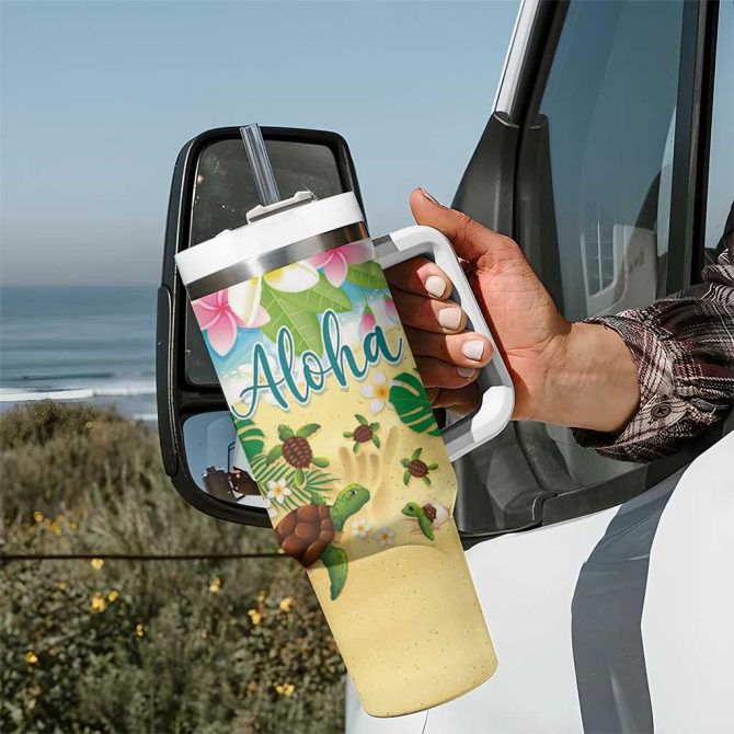 Hawaii Aloha Turtle Family On The Beach With Colorful Tropical Flowers Custom Stanley Quencher 40Oz Stainless Steel Tumbler With Handle - Image 7