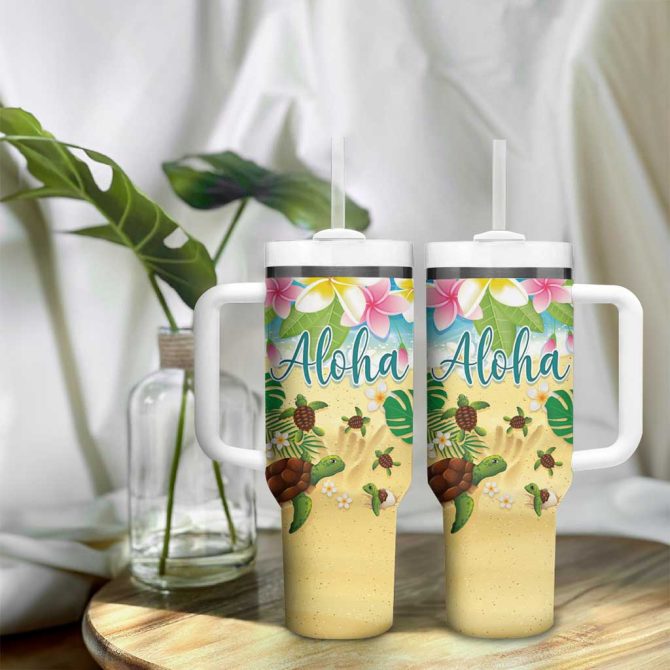 Hawaii Aloha Turtle Family On The Beach With Colorful Tropical Flowers Custom Stanley Quencher 40Oz Stainless Steel Tumbler With Handle - Image 9